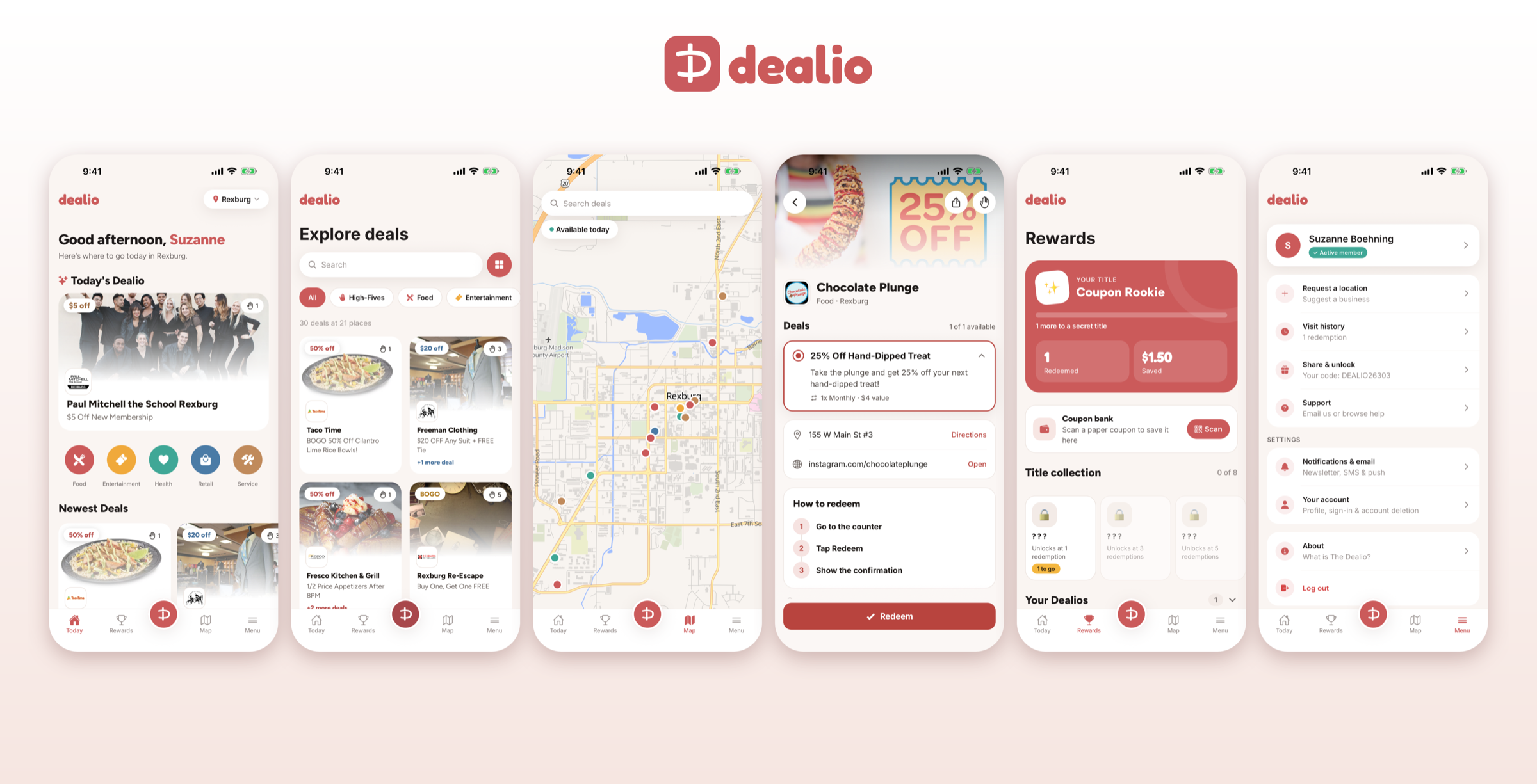 The Dealio app home, explore, map, deal, rewards, and account screens
