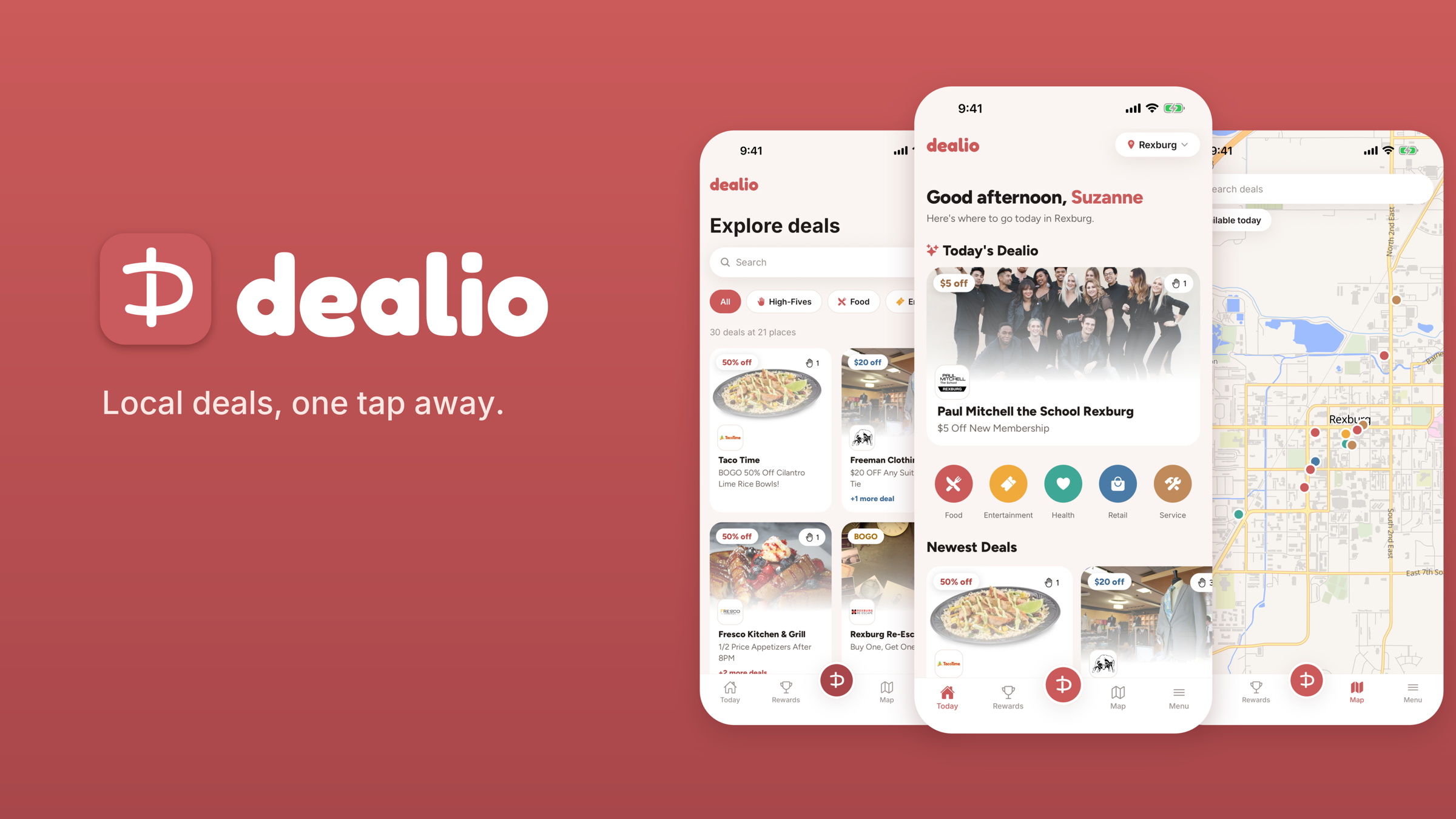 The Dealio app home feed and map screens