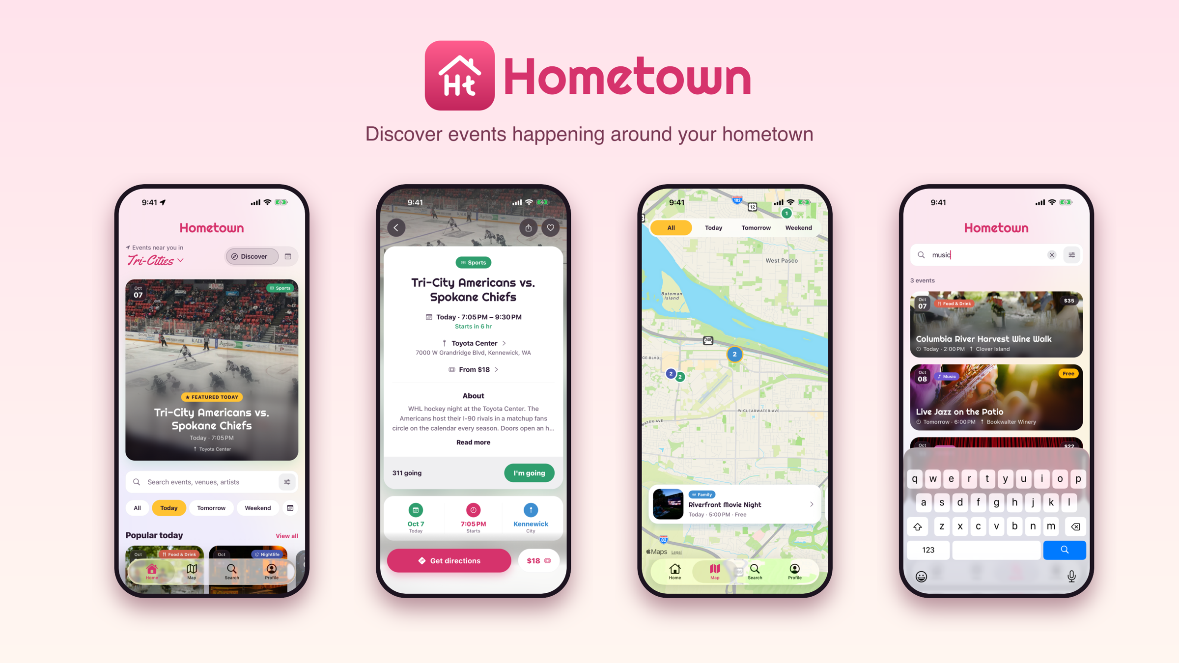 Hometown app screens showing the event feed, event details, venue map, and search
