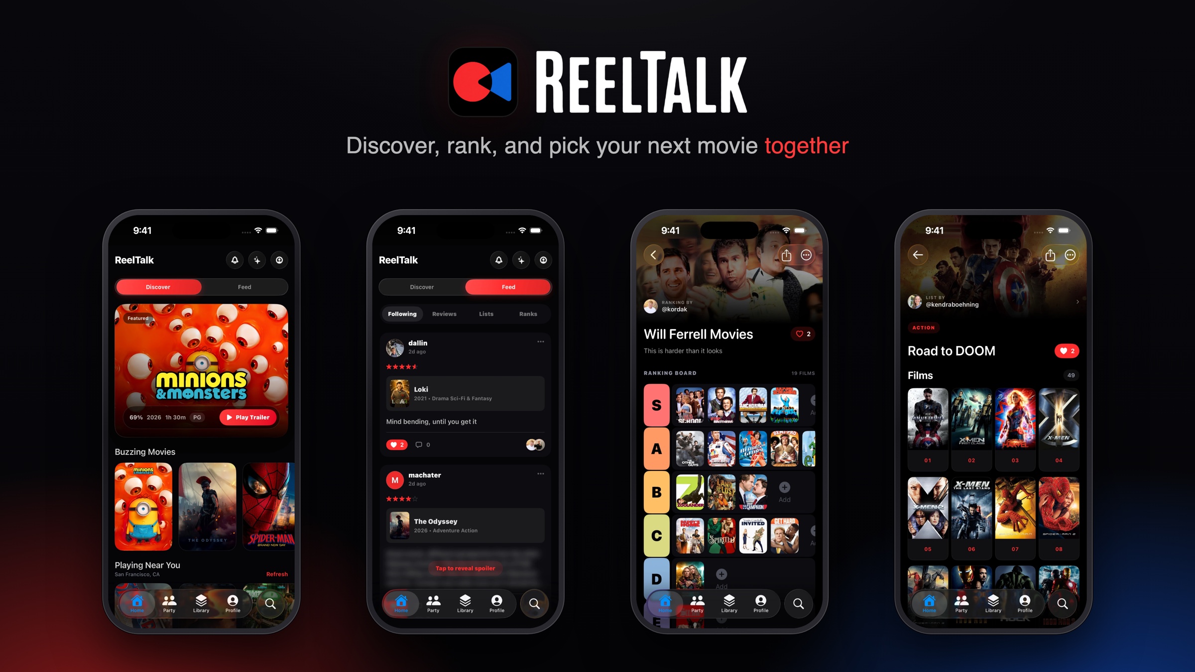 ReelTalk app screens showing discovery, the social feed, movie rankings, and lists