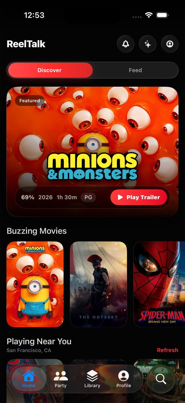 ReelTalk discover screen showing trending movies